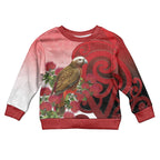 New Zealand Parrot Kaka Kid Ugly Christmas Sweater Maori Koru With Pohutukawa Flowers