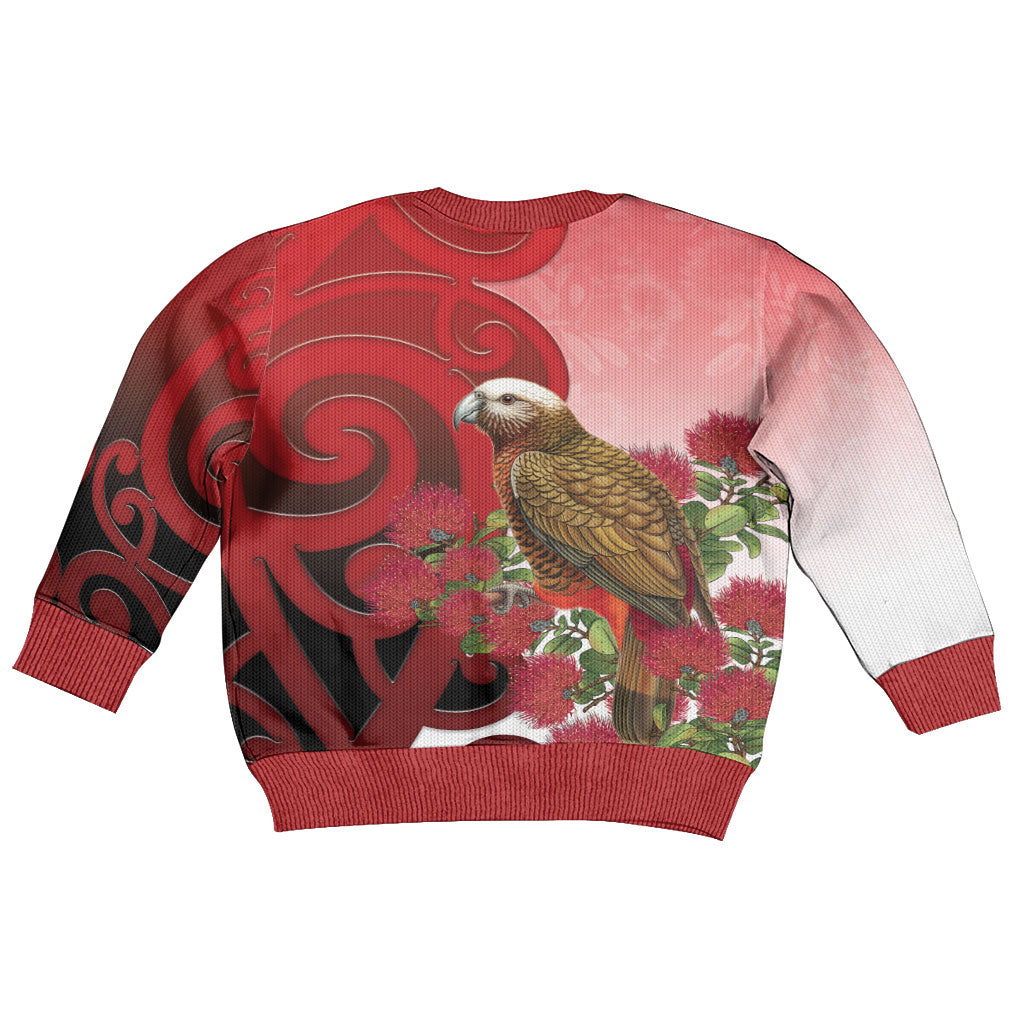 New Zealand Parrot Kaka Kid Ugly Christmas Sweater Maori Koru With Pohutukawa Flowers