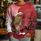 New Zealand Parrot Kaka Kid Ugly Christmas Sweater Maori Koru With Pohutukawa Flowers