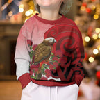 New Zealand Parrot Kaka Kid Ugly Christmas Sweater Maori Koru With Pohutukawa Flowers