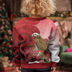 New Zealand Parrot Kaka Kid Ugly Christmas Sweater Maori Koru With Pohutukawa Flowers