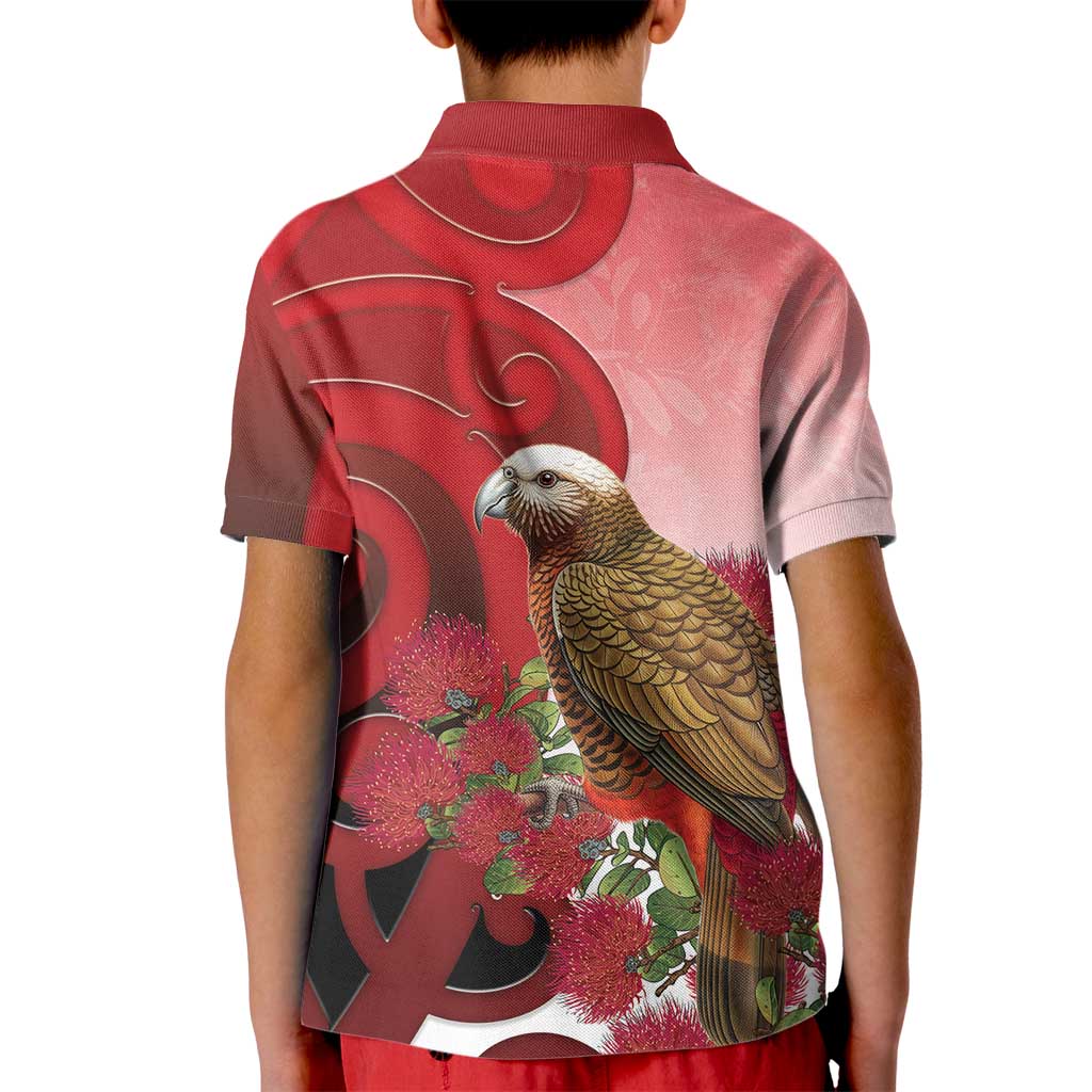 New Zealand Parrot Kaka Kid Polo Shirt Maori Koru With Pohutukawa Flowers - Aussie Hoodie