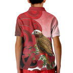 New Zealand Parrot Kaka Kid Polo Shirt Maori Koru With Pohutukawa Flowers - Aussie Hoodie