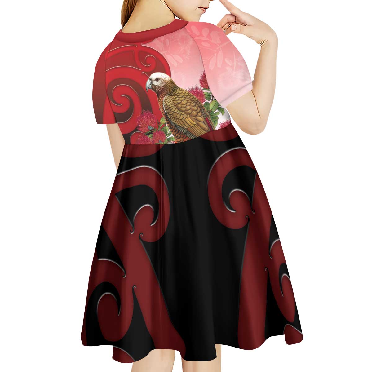 New Zealand Parrot Kaka Kid Short Sleeve Dress Maori Koru With Pohutukawa Flowers - Aussie Hoodie