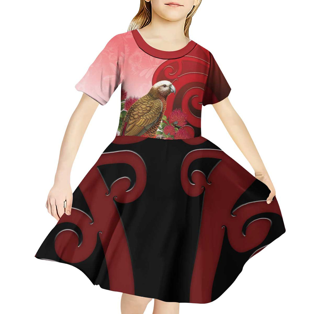 New Zealand Parrot Kaka Kid Short Sleeve Dress Maori Koru With Pohutukawa Flowers - Aussie Hoodie