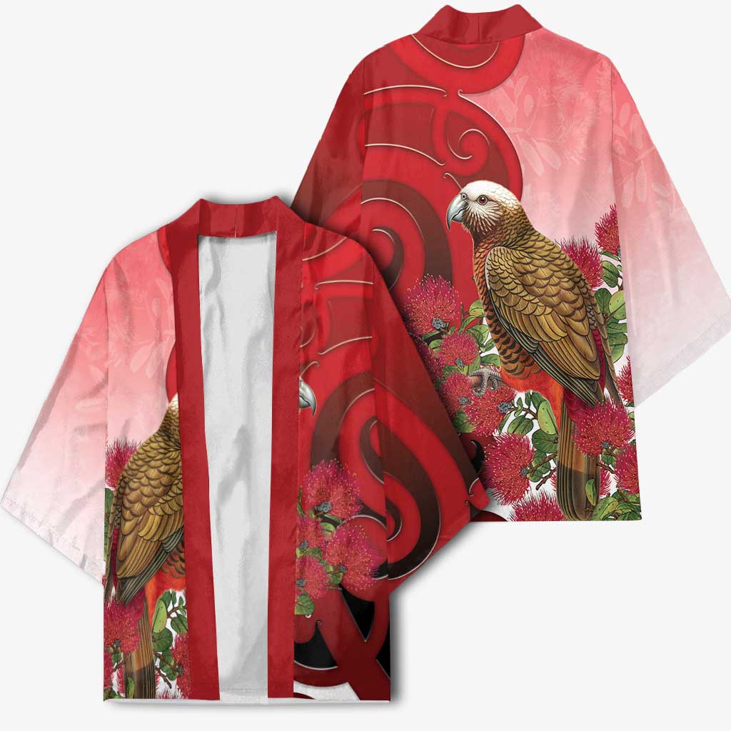 New Zealand Parrot Kaka Kimono Maori Koru With Pohutukawa Flowers - Aussie Hoodie