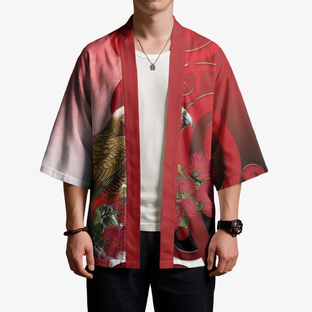 New Zealand Parrot Kaka Kimono Maori Koru With Pohutukawa Flowers - Aussie Hoodie