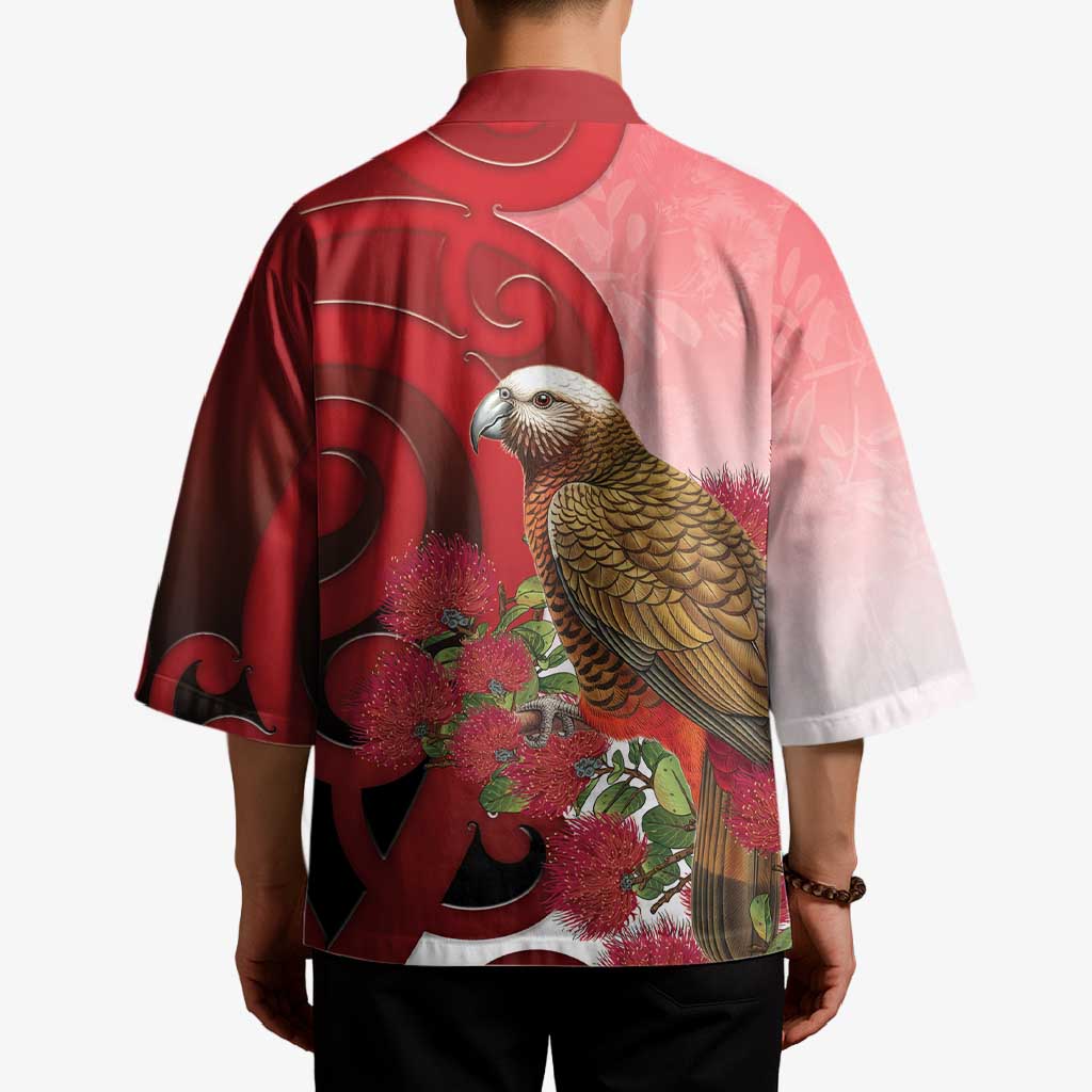 New Zealand Parrot Kaka Kimono Maori Koru With Pohutukawa Flowers - Aussie Hoodie