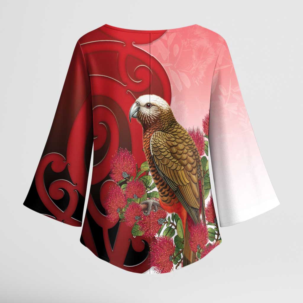 New Zealand Parrot Kaka Kimono Sleeve Blouse Maori Koru With Pohutukawa Flowers - Aussie Hoodie