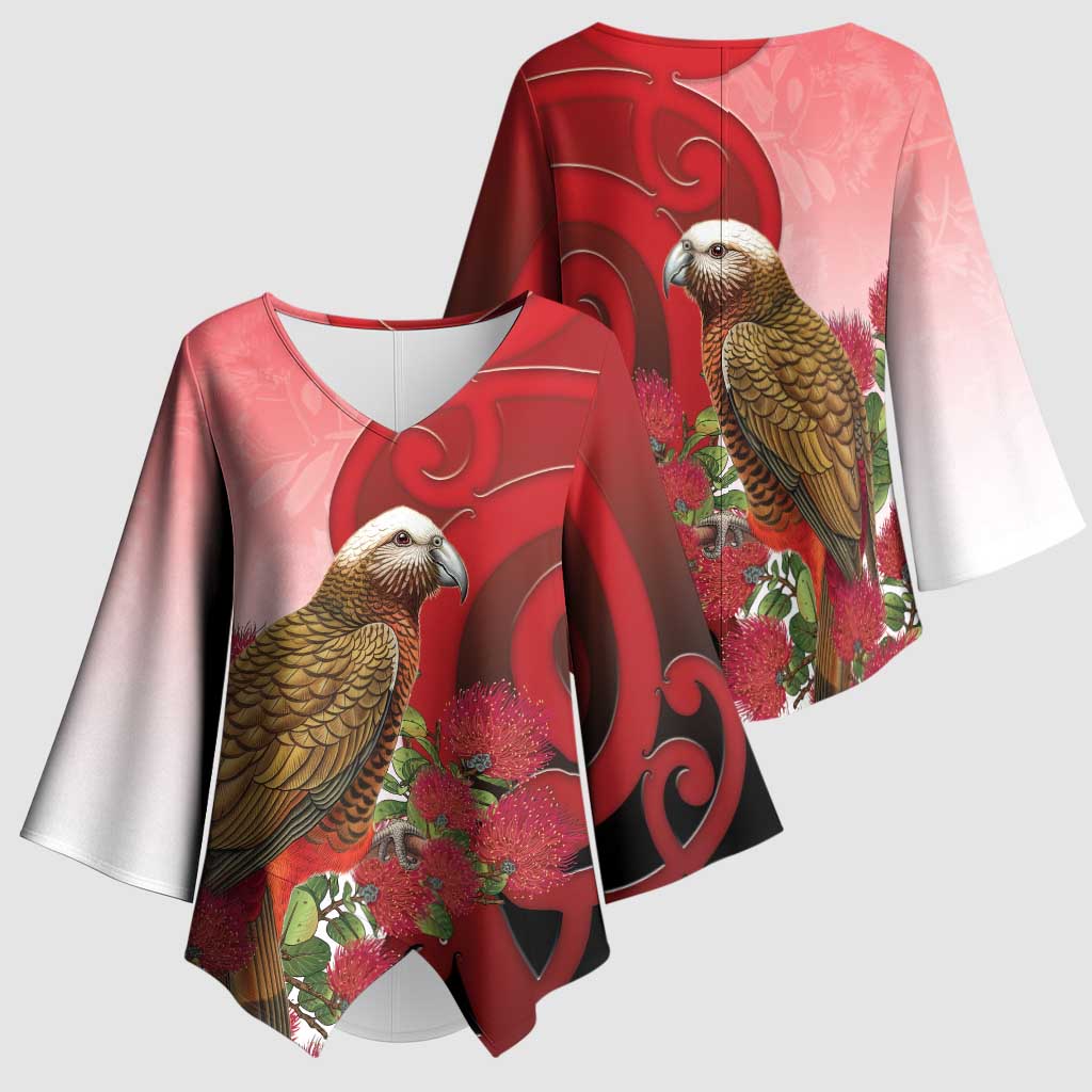 New Zealand Parrot Kaka Kimono Sleeve Blouse Maori Koru With Pohutukawa Flowers - Aussie Hoodie