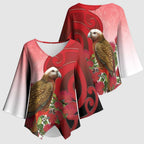 New Zealand Parrot Kaka Kimono Sleeve Blouse Maori Koru With Pohutukawa Flowers - Aussie Hoodie