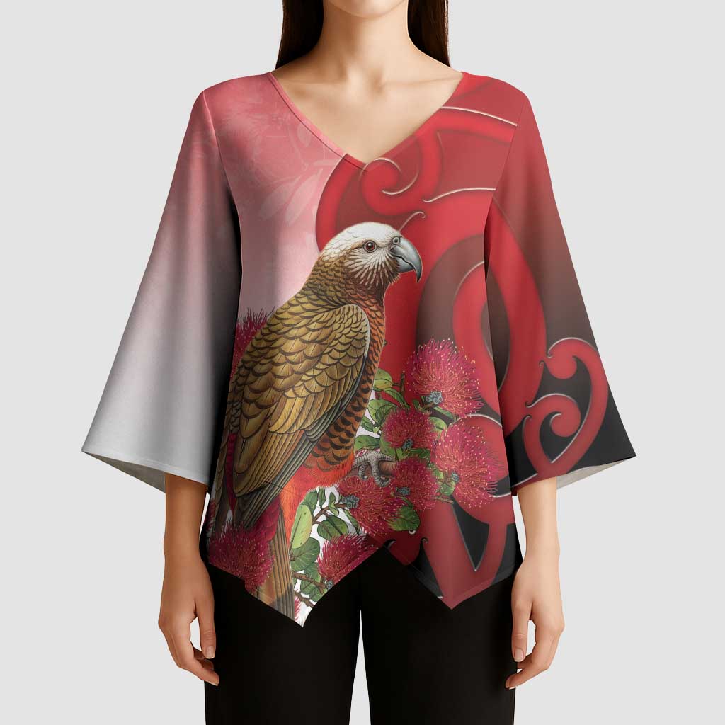 New Zealand Parrot Kaka Kimono Sleeve Blouse Maori Koru With Pohutukawa Flowers - Aussie Hoodie