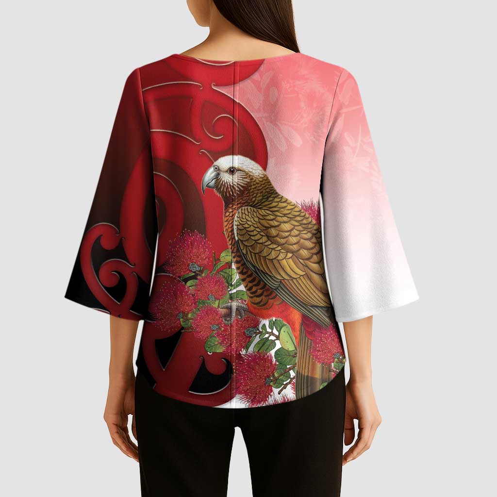 New Zealand Parrot Kaka Kimono Sleeve Blouse Maori Koru With Pohutukawa Flowers - Aussie Hoodie