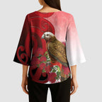 New Zealand Parrot Kaka Kimono Sleeve Blouse Maori Koru With Pohutukawa Flowers - Aussie Hoodie