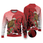 New Zealand Parrot Kaka Ugly Christmas Sweater Maori Koru With Pohutukawa Flowers
