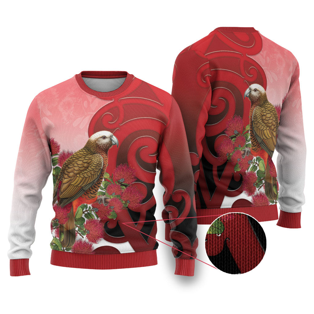 New Zealand Parrot Kaka Ugly Christmas Sweater Maori Koru With Pohutukawa Flowers