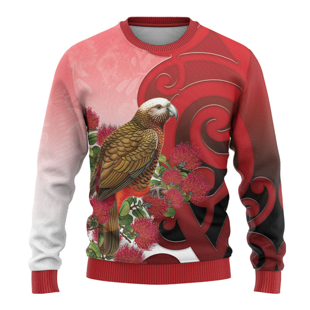 New Zealand Parrot Kaka Ugly Christmas Sweater Maori Koru With Pohutukawa Flowers