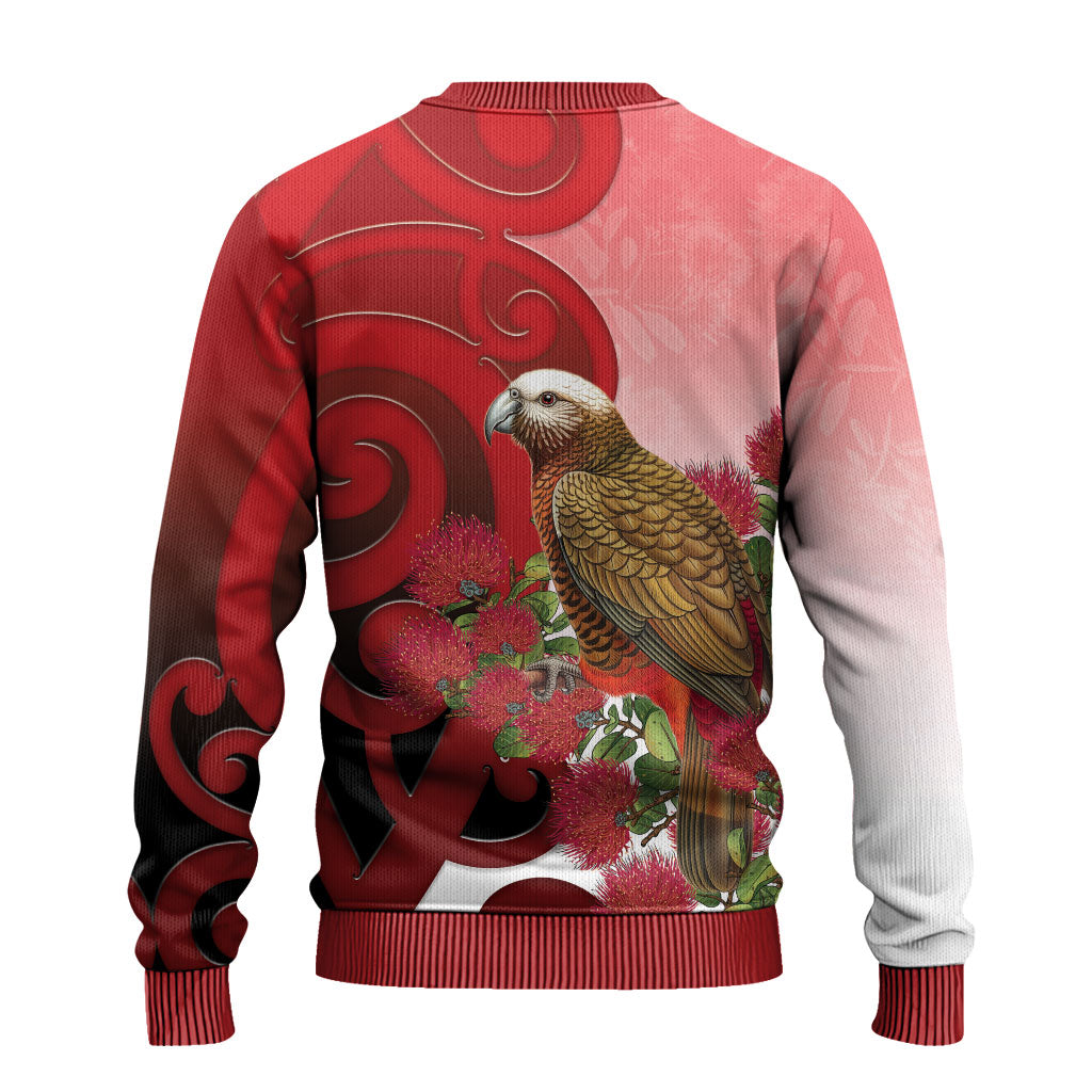 New Zealand Parrot Kaka Ugly Christmas Sweater Maori Koru With Pohutukawa Flowers
