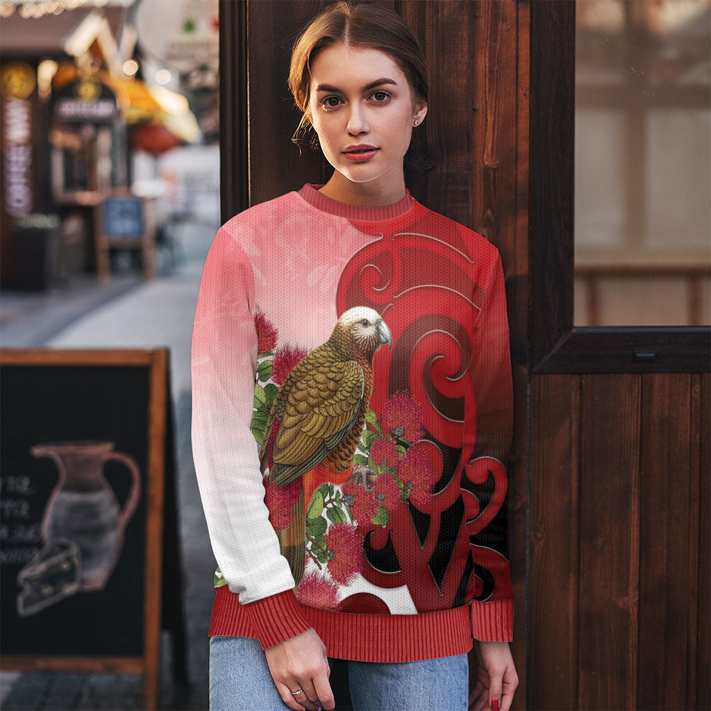 New Zealand Parrot Kaka Ugly Christmas Sweater Maori Koru With Pohutukawa Flowers