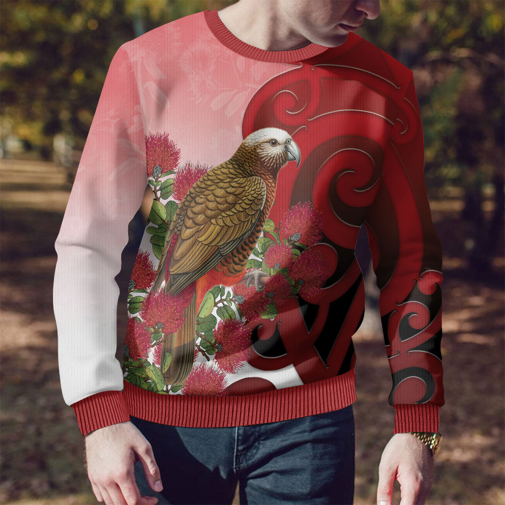 New Zealand Parrot Kaka Ugly Christmas Sweater Maori Koru With Pohutukawa Flowers