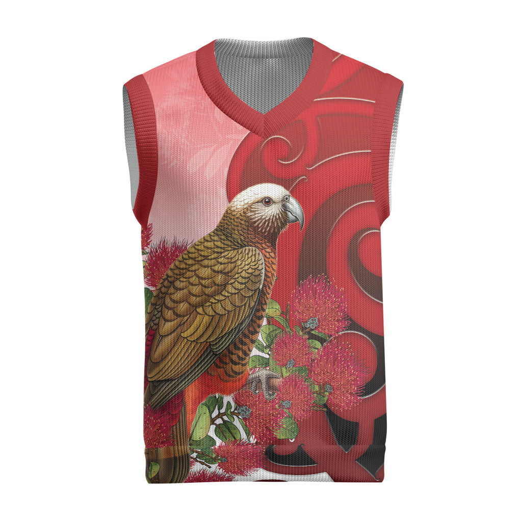 New Zealand Parrot Kaka Christmas Knitted V-Neck Vest Maori Koru With Pohutukawa Flowers
