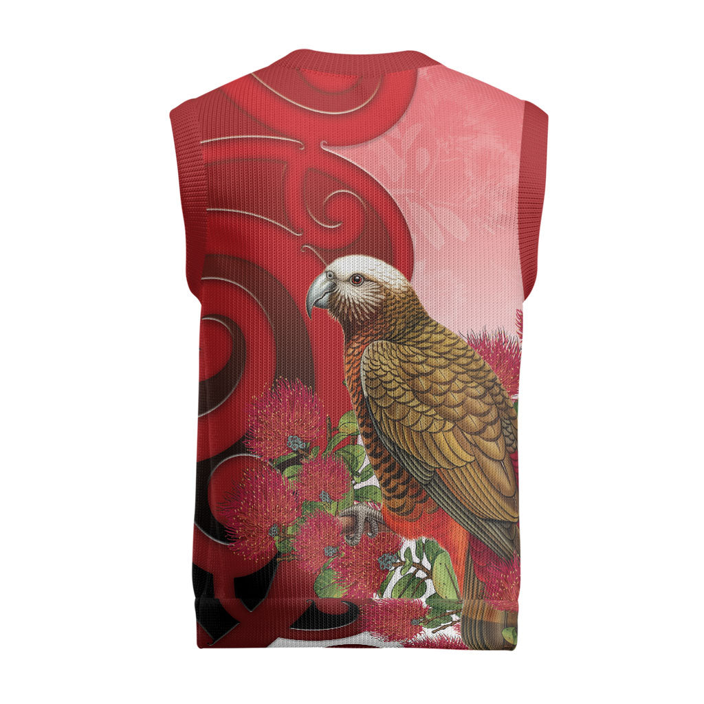 New Zealand Parrot Kaka Christmas Knitted V-Neck Vest Maori Koru With Pohutukawa Flowers