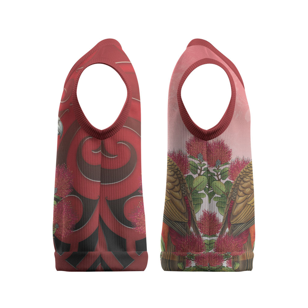 New Zealand Parrot Kaka Christmas Knitted V-Neck Vest Maori Koru With Pohutukawa Flowers