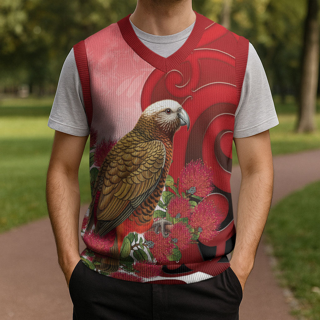 New Zealand Parrot Kaka Christmas Knitted V-Neck Vest Maori Koru With Pohutukawa Flowers