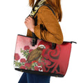 New Zealand Parrot Kaka Leather Tote Bag Maori Koru With Pohutukawa Flowers - Aussie Hoodie