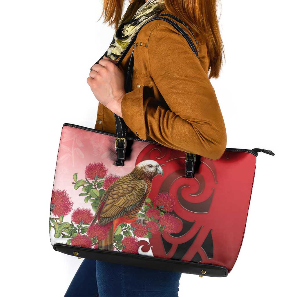 New Zealand Parrot Kaka Leather Tote Bag Maori Koru With Pohutukawa Flowers - Aussie Hoodie