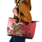 New Zealand Parrot Kaka Leather Tote Bag Maori Koru With Pohutukawa Flowers - Aussie Hoodie