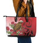 New Zealand Parrot Kaka Leather Tote Bag Maori Koru With Pohutukawa Flowers - Aussie Hoodie