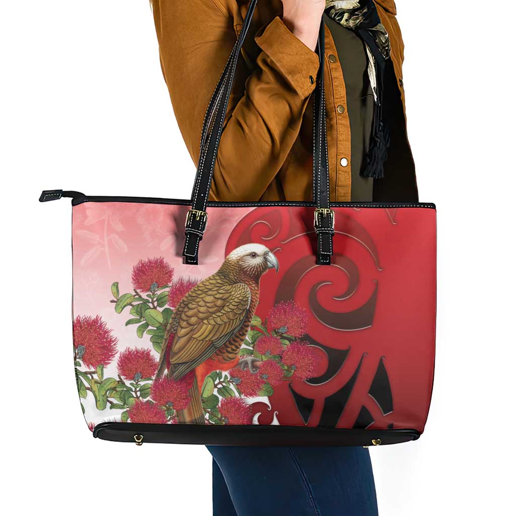 New Zealand Parrot Kaka Leather Tote Bag Maori Koru With Pohutukawa Flowers - Aussie Hoodie