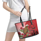 New Zealand Parrot Kaka Leather Tote Bag Maori Koru With Pohutukawa Flowers - Aussie Hoodie