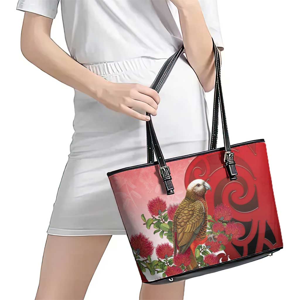 New Zealand Parrot Kaka Leather Tote Bag Maori Koru With Pohutukawa Flowers - Aussie Hoodie