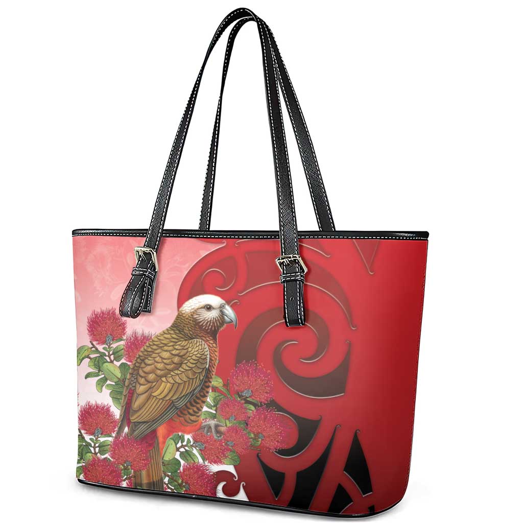New Zealand Parrot Kaka Leather Tote Bag Maori Koru With Pohutukawa Flowers - Aussie Hoodie