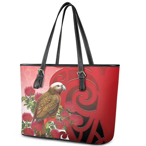New Zealand Parrot Kaka Leather Tote Bag Maori Koru With Pohutukawa Flowers - Aussie Hoodie
