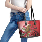 New Zealand Parrot Kaka Leather Tote Bag Maori Koru With Pohutukawa Flowers - Aussie Hoodie
