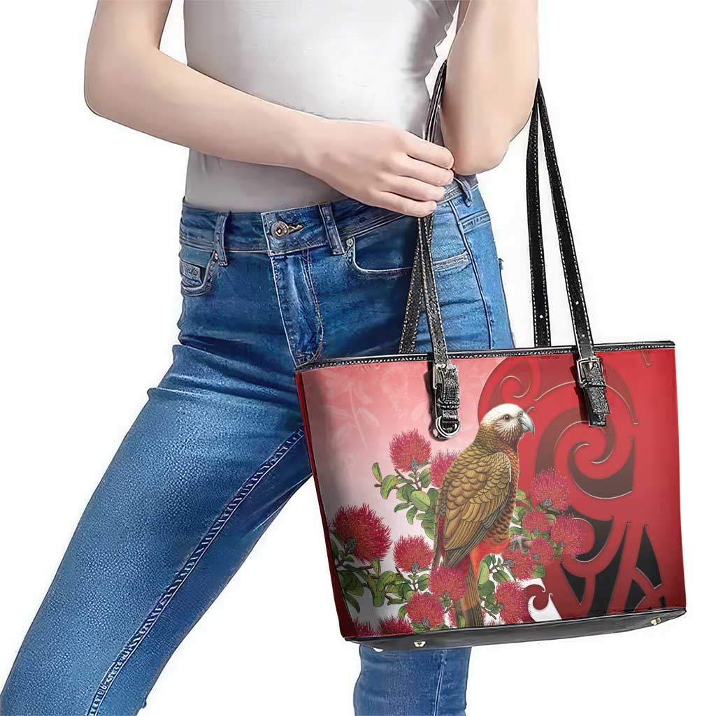 New Zealand Parrot Kaka Leather Tote Bag Maori Koru With Pohutukawa Flowers - Aussie Hoodie