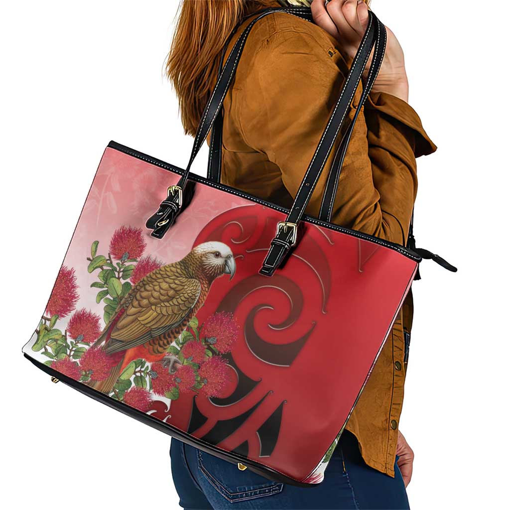 New Zealand Parrot Kaka Leather Tote Bag Maori Koru With Pohutukawa Flowers - Aussie Hoodie