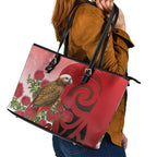 New Zealand Parrot Kaka Leather Tote Bag Maori Koru With Pohutukawa Flowers - Aussie Hoodie