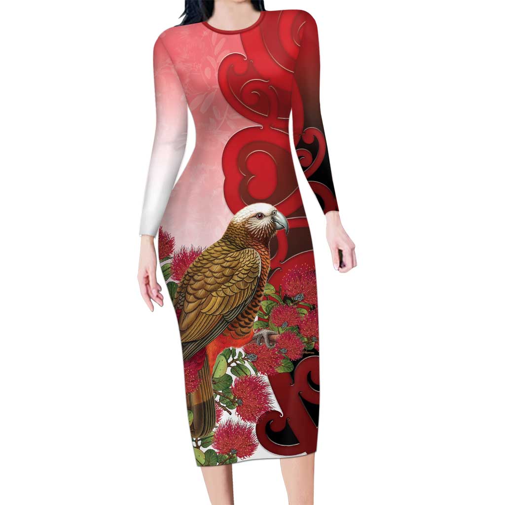 New Zealand Parrot Kaka Long Sleeve Bodycon Dress Maori Koru With Pohutukawa Flowers - Aussie Hoodie