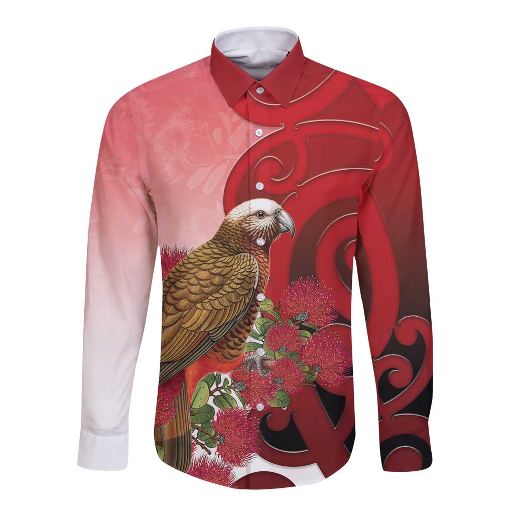 New Zealand Parrot Kaka Long Sleeve Button Shirt Maori Koru With Pohutukawa Flowers - Aussie Hoodie