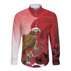 New Zealand Parrot Kaka Long Sleeve Button Shirt Maori Koru With Pohutukawa Flowers - Aussie Hoodie
