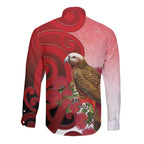New Zealand Parrot Kaka Long Sleeve Button Shirt Maori Koru With Pohutukawa Flowers - Aussie Hoodie