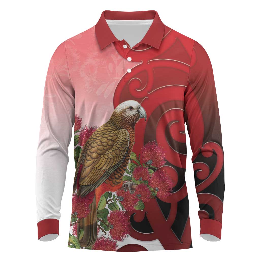 New Zealand Parrot Kaka Long Sleeve Polo Shirt Maori Koru With Pohutukawa Flowers - Aussie Hoodie