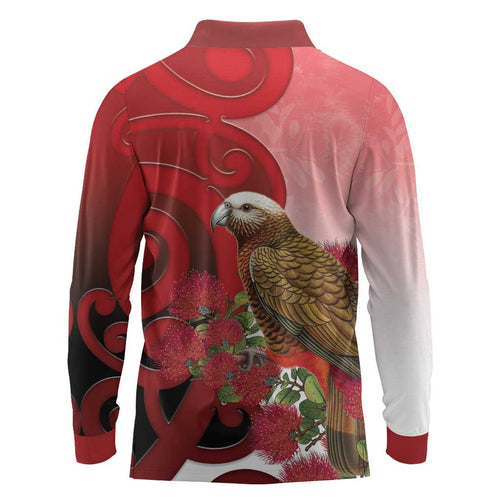 New Zealand Parrot Kaka Long Sleeve Polo Shirt Maori Koru With Pohutukawa Flowers - Aussie Hoodie