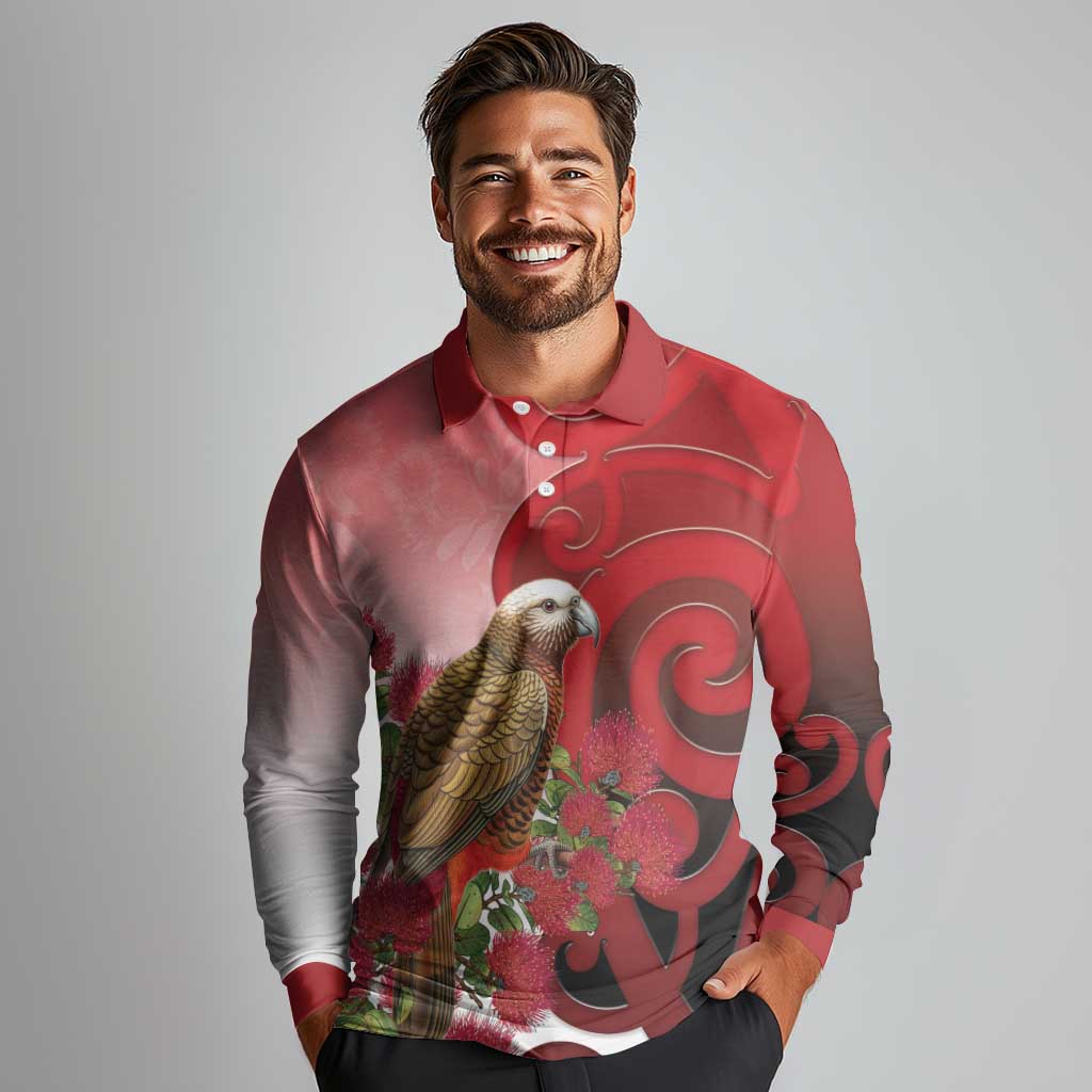 New Zealand Parrot Kaka Long Sleeve Polo Shirt Maori Koru With Pohutukawa Flowers - Aussie Hoodie
