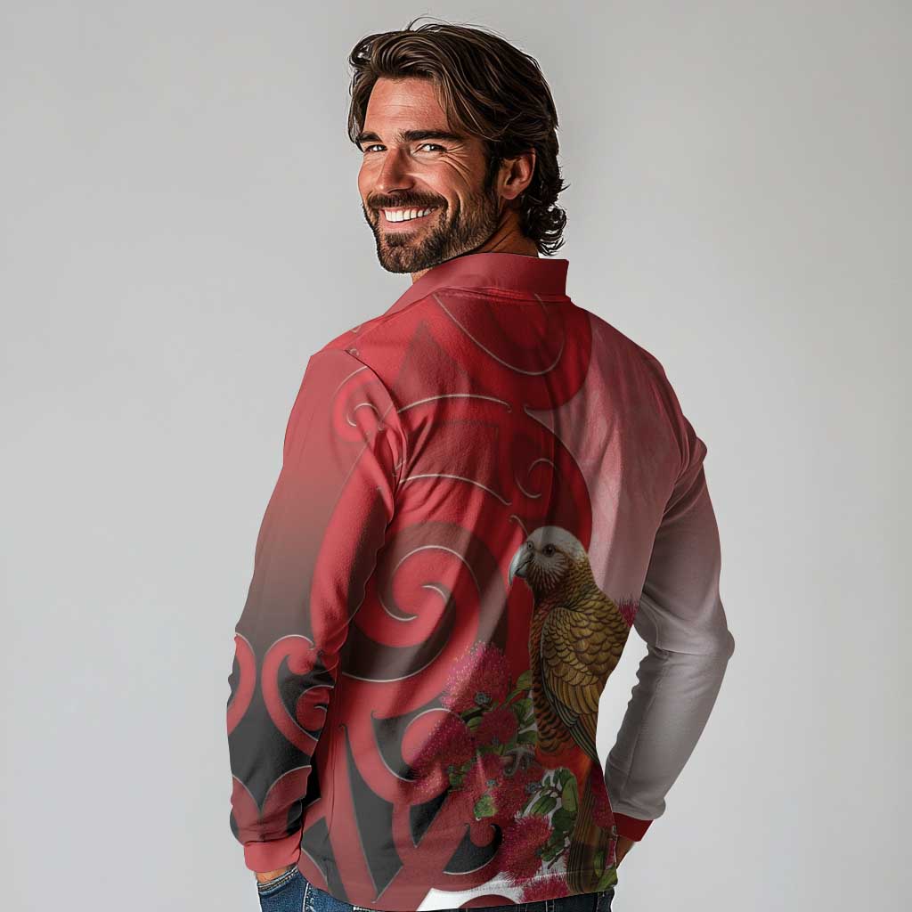 New Zealand Parrot Kaka Long Sleeve Polo Shirt Maori Koru With Pohutukawa Flowers - Aussie Hoodie