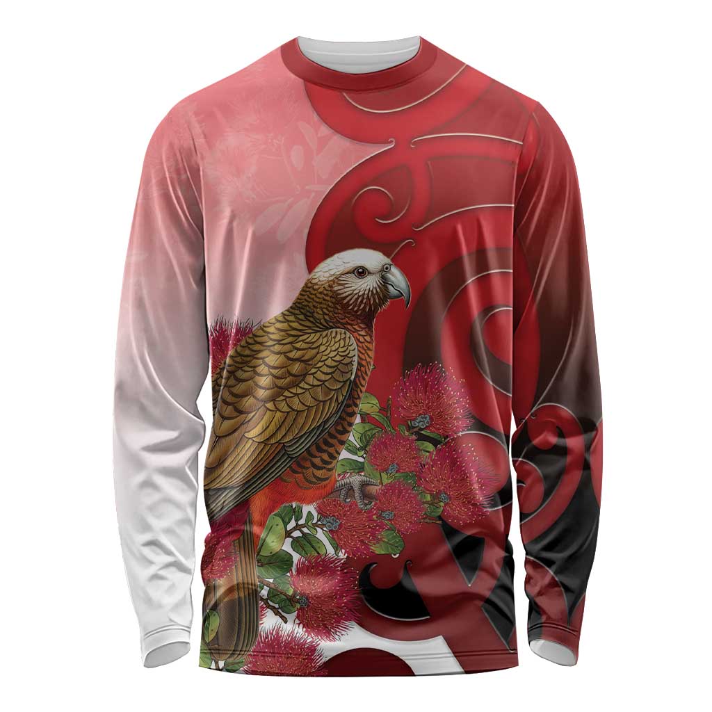 New Zealand Parrot Kaka Long Sleeve Shirt Maori Koru With Pohutukawa Flowers - Aussie Hoodie